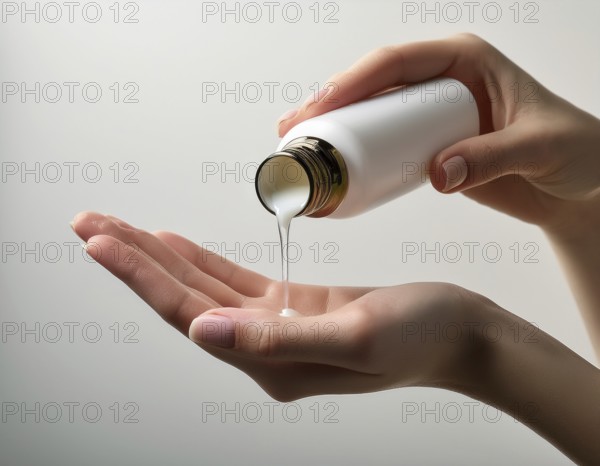 A close-up view of hands pouring a creamy lotion from a bottle into a palm. The scene emphasizes