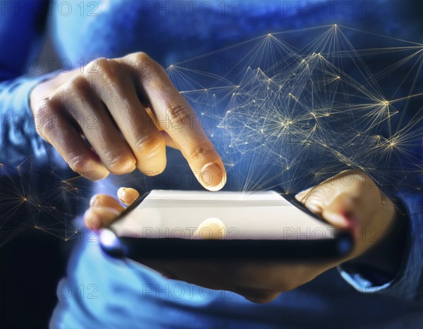 A close-up of a hand using a smartphone with a glowing digital network overlay, illustrating