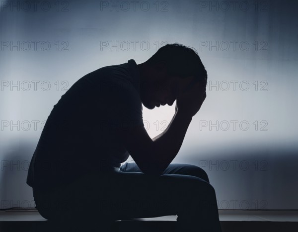 Silhouette of Sad Depressed man sitting. embodying deep despair and hopelessness, AI generated