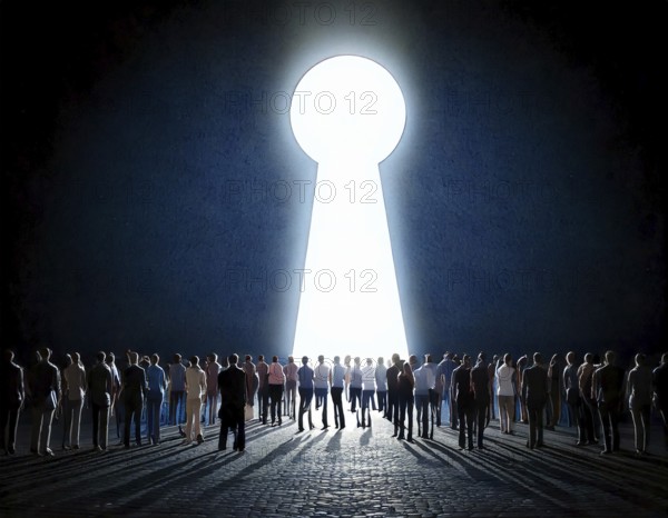 A vast group of people walking towards a glowing light keyhole in a symbolic display of hope,
