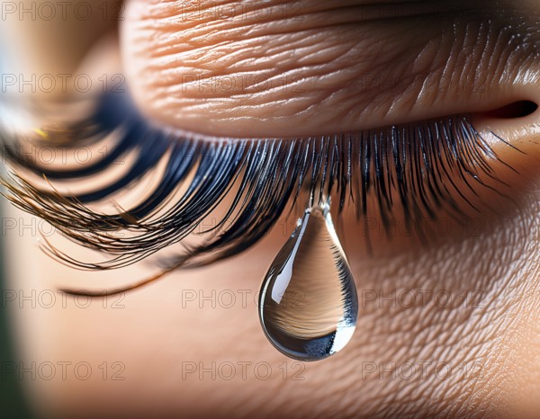 Detailed macro image showcasing a tear drop delicately poised on long eyelashes, conveying emotions