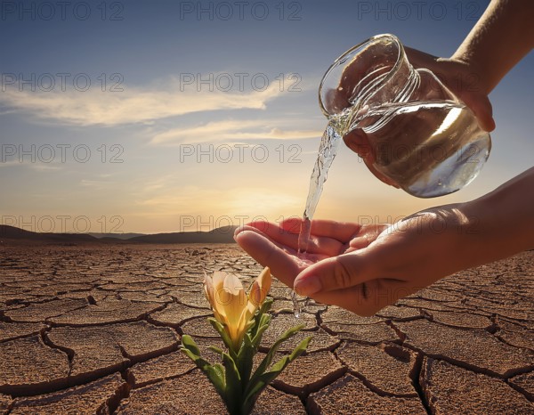 Symbolizing hope and resilience, a flower thrives in a dry desert landscape, nourished by water