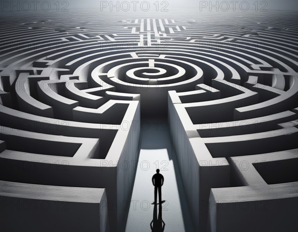 A lone individual stands at the edge of a large circular maze, contemplating choices and challenges