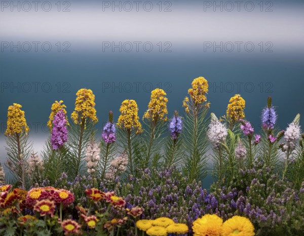 A variety of colorful wildflowers flourish on a hillside against a blurred mountainous backdrop.
