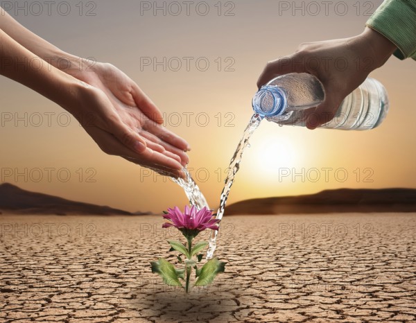 Symbolizing hope and resilience, a flower thrives in a dry desert landscape, nourished by water