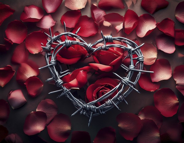 A symbolic depiction of a red heart entwined in barbed wire, embodying themes of emotional conflict