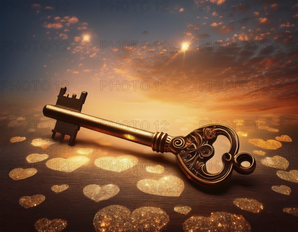 Elegant heart-shaped locket and intricate key on textured surface, surrounded by glowing hearts. An