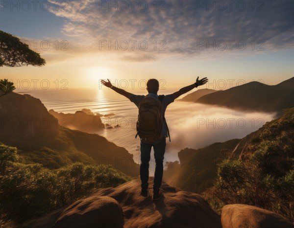 A serene scene of a person on a mountain summit, watching the sunrise over misty valleys, conveys