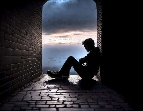 Silhouette of a person sitting alone within a brick archway, observing a peaceful and scenic cloudy