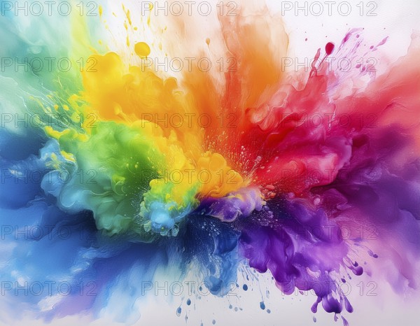 Colorful abstract art depicting a vibrant explosion of rainbow hues on a white background, evoking
