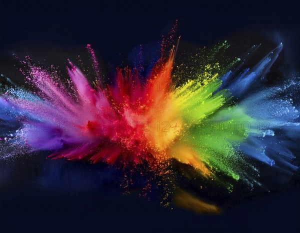 Colorful abstract art depicting a vibrant explosion of rainbow hues on a dark background, evoking