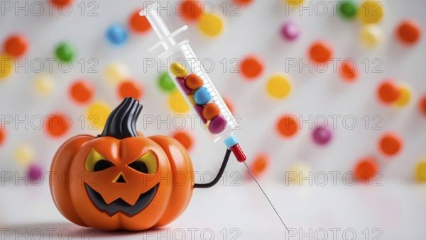 A jack o lantern with a mischievous grin is holding a syringe filled with vibrant candy pills. The