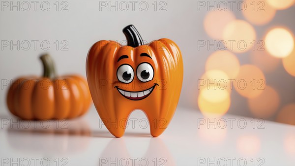 A smiling cartoon tooth with pumpkin features against a blurry light background, evoking a festive