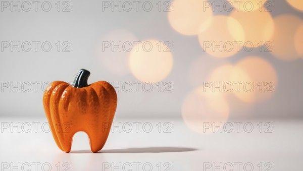 This festive piece features an orange pumpkin-shaped tooth set against a neutral background,