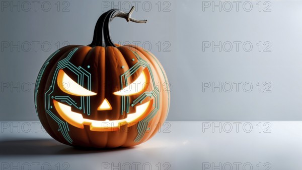 A futuristic Jack-o'-lantern with circuit patterns emitting a glowing digital aura on a sleek