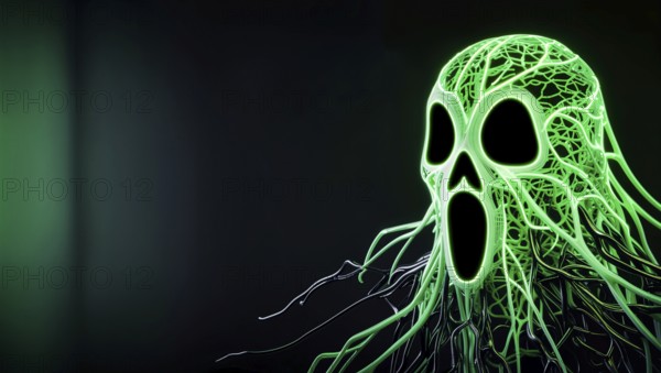 Ghost figure made of black and neon green wires against dark background with space for text. AI