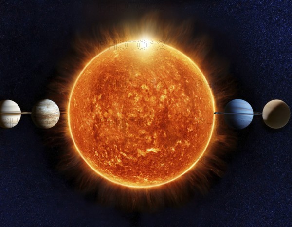 A solar system concept image displaying planets aligned in orbit, symbolizing astronomy, cosmic