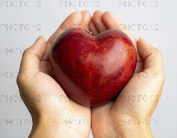 Close-up of hands holding heart-shaped fruit, symbolizing healthy lifestyle, love, nutrition,