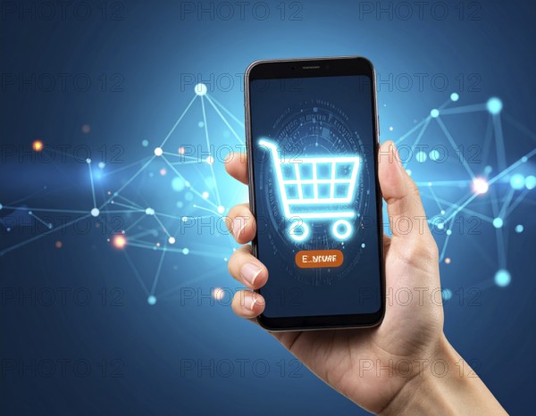 Hand holding smartphone glowing shopping cart icon poster symbolizing online shopping, e-commerce,