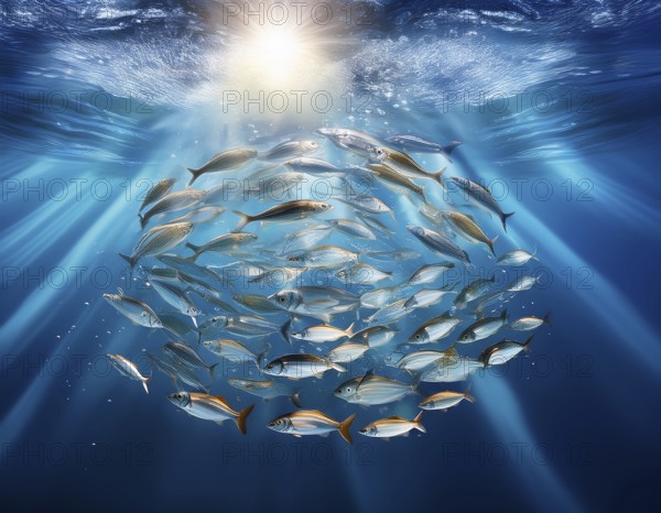 Vivid underwater view of a fish school forming a natural pattern in clear blue ocean water,