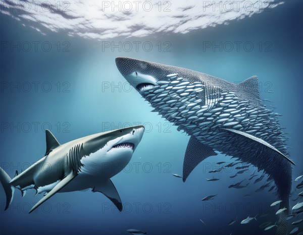 Dramatic underwater depiction of a shark observing a dense school of fish in clear, light-filled