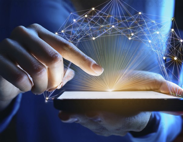 A close-up of a hand using a smartphone with a glowing digital network overlay, illustrating