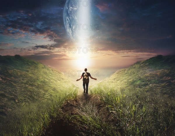 Concept Spirituality, Afterlife, Light Energy, Transcendence, Reality. Soul transcends through