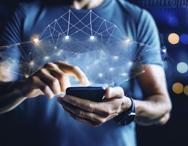 A close-up of a hand using a smartphone with a glowing digital network overlay, illustrating