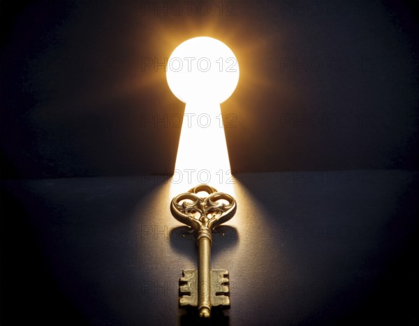 An antique key, leading to a bright light in a keyhole shape, symbolizing opportunity, access, and