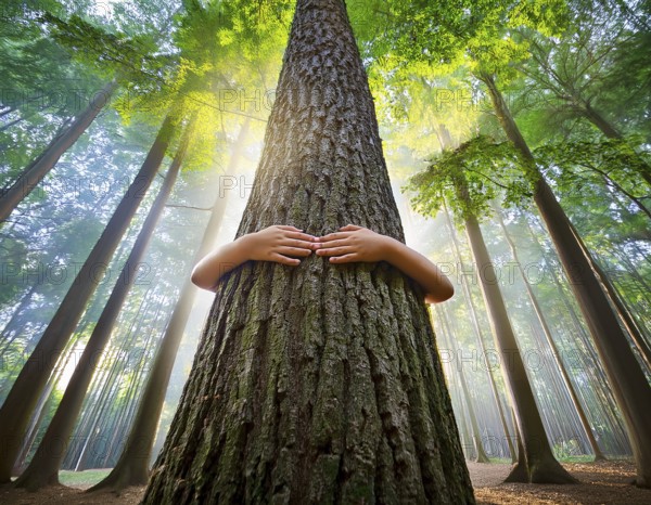A pair of hands hugs a tree trunk in a sunlit forest, representing care for nature, environmental