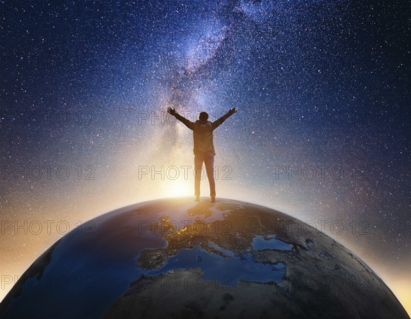 A man stands victoriously atop the Earth amidst a surreal cloudscape, symbolizing triumph over