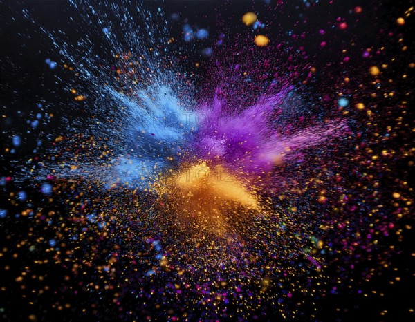 Vibrant and energetic multicolored powder explosion captured against a dark background. Evoking