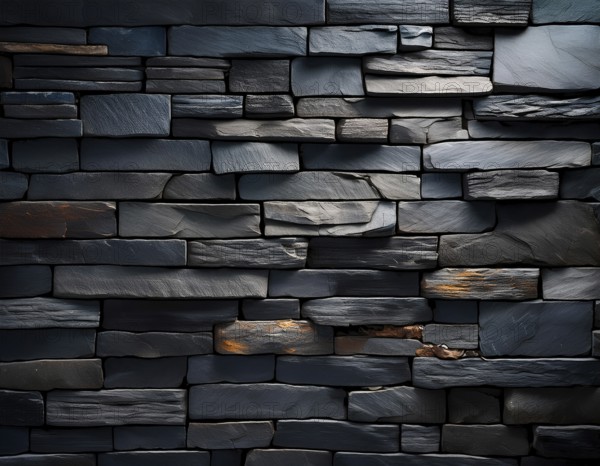Rugged dark stone bricks arranged in a detailed pattern, showcasing texture and subtle highlights,