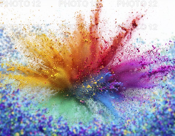 Vibrant and energetic multicolored powder explosion captured against awhite background. Evoking