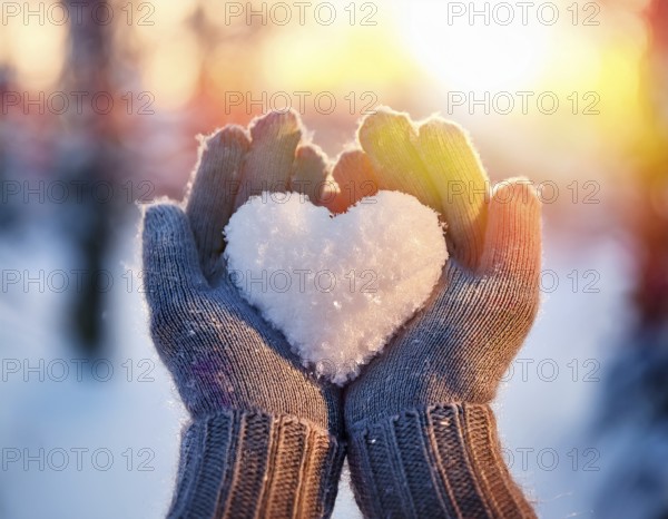 Serene winter scene showcasing hands in gloves holding a snow heart symbolizing love and warmth, AI