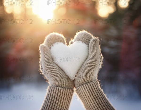 Serene winter scene showcasing hands in gloves holding a snow heart symbolizing love and warmth, AI