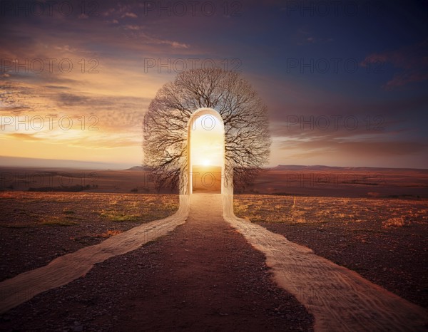 Glowing door is a portal to another world. Mysterious door with glowing light, AI generated