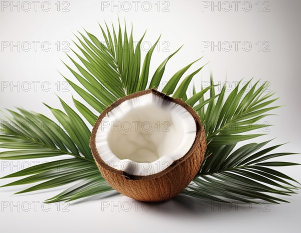 A whole coconut paired with a halved one, displayed on vivid green palm leaves against a white