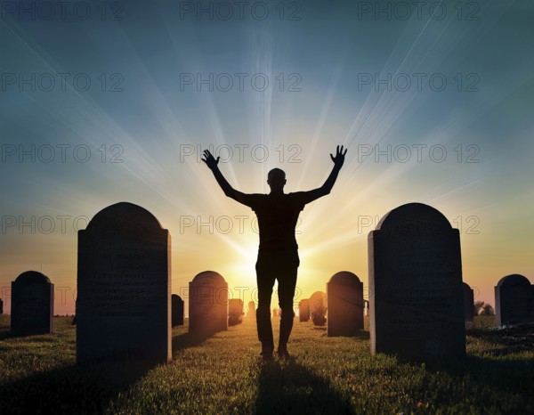 A silhouette of a lone figure walking off a gravestone, The scene evokes Resurrection thoughts