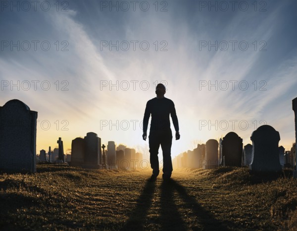 A silhouette of a lone figure walking off a gravestone, The scene evokes Resurrection thoughts