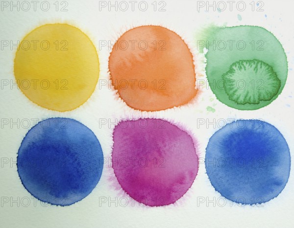 Colorful watercolor circles painted on a white background create a vibrant and artistic design.