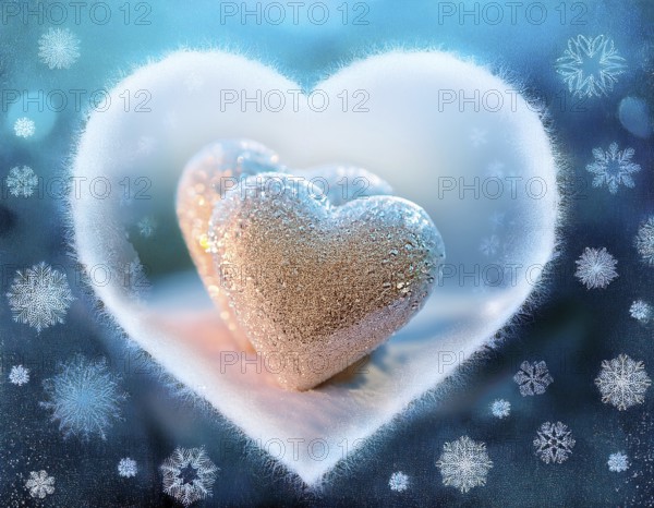A frosted heart-shaped opening on a window with glowing bokeh lights and snowy patterns, evoking