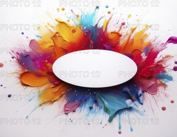 Vibrant watercolor splash in rainbow hues framing a oval white blank circle, perfect for creative