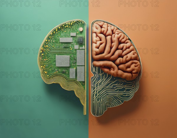 A vibrant depiction of artificial intelligence brain featuring integrated circuit designs,