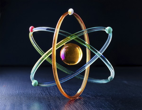A vibrant illustration of an atomic structure with colorful spheres and connections, illuminated