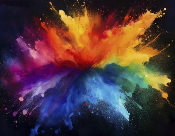 Colorful abstract art depicting a vibrant explosion of rainbow hues on a dark background, evoking