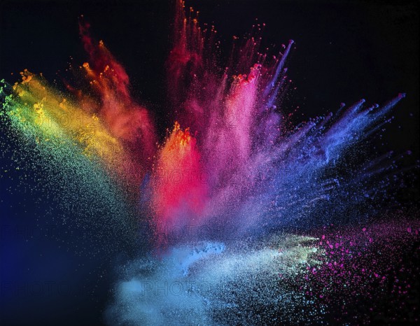 A colorful explosion powder on black background.. Multicolored powder explosion, AI generated