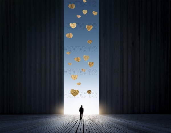 A striking artistic scene depicting a silhouette of a person beneath a vertical column of floating