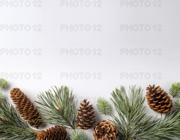 Holiday-themed flat lay with evergreen pine branches and pine cones, evoking a minimalist and
