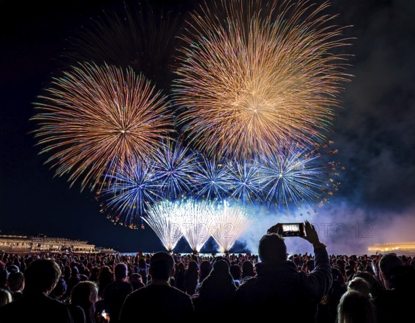 Thrilling fireworks illuminate the dark sky as a crowd gathers to enjoy the dazzling display,